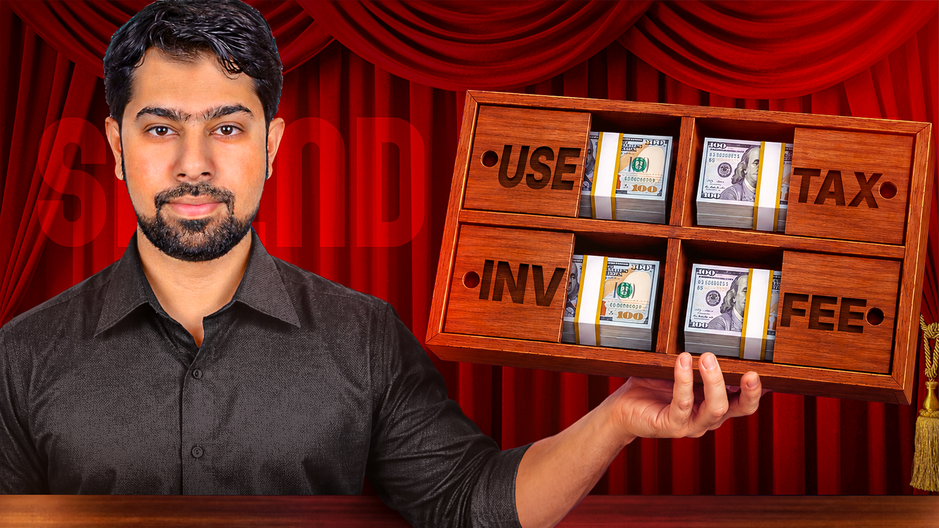 YouTube thumbnail - cash organizer with USE, TAX, INV, FEE drawers