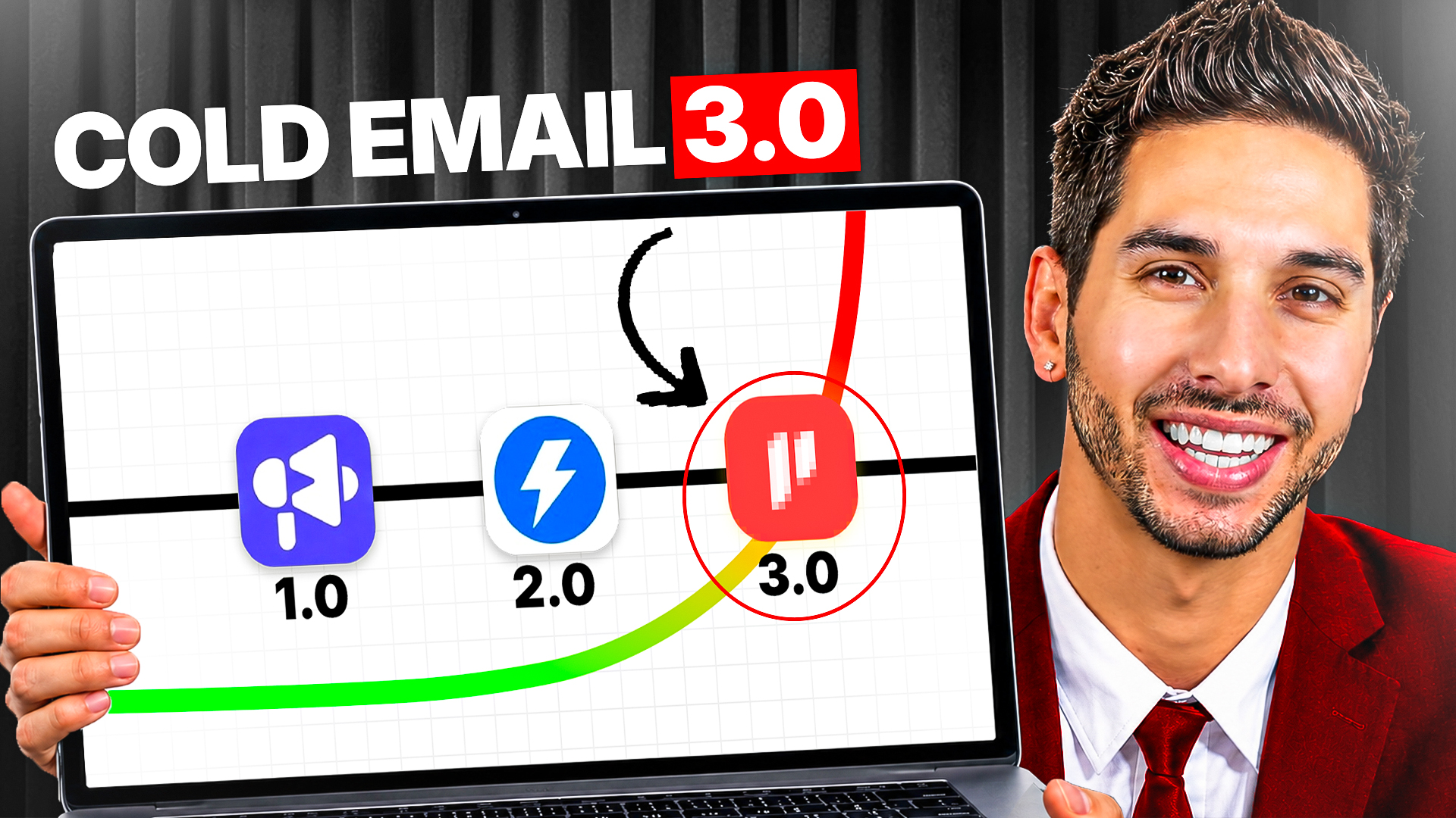 YouTube thumbnail - Cold Email 3.0, man in red blazer holding a laptop with a growth chart